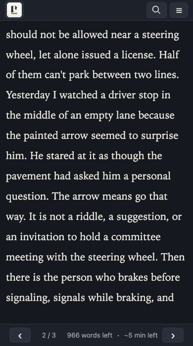 The same rant in LongText: a dark-mode ebook page with serif text and the pager showing page 2.